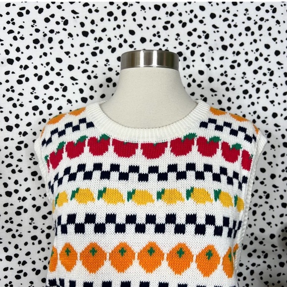 Vintage | Allen Solly Checkered Fruit Cotton Retro 90s White Knit Sweater Vest L - Picture 2 of 5